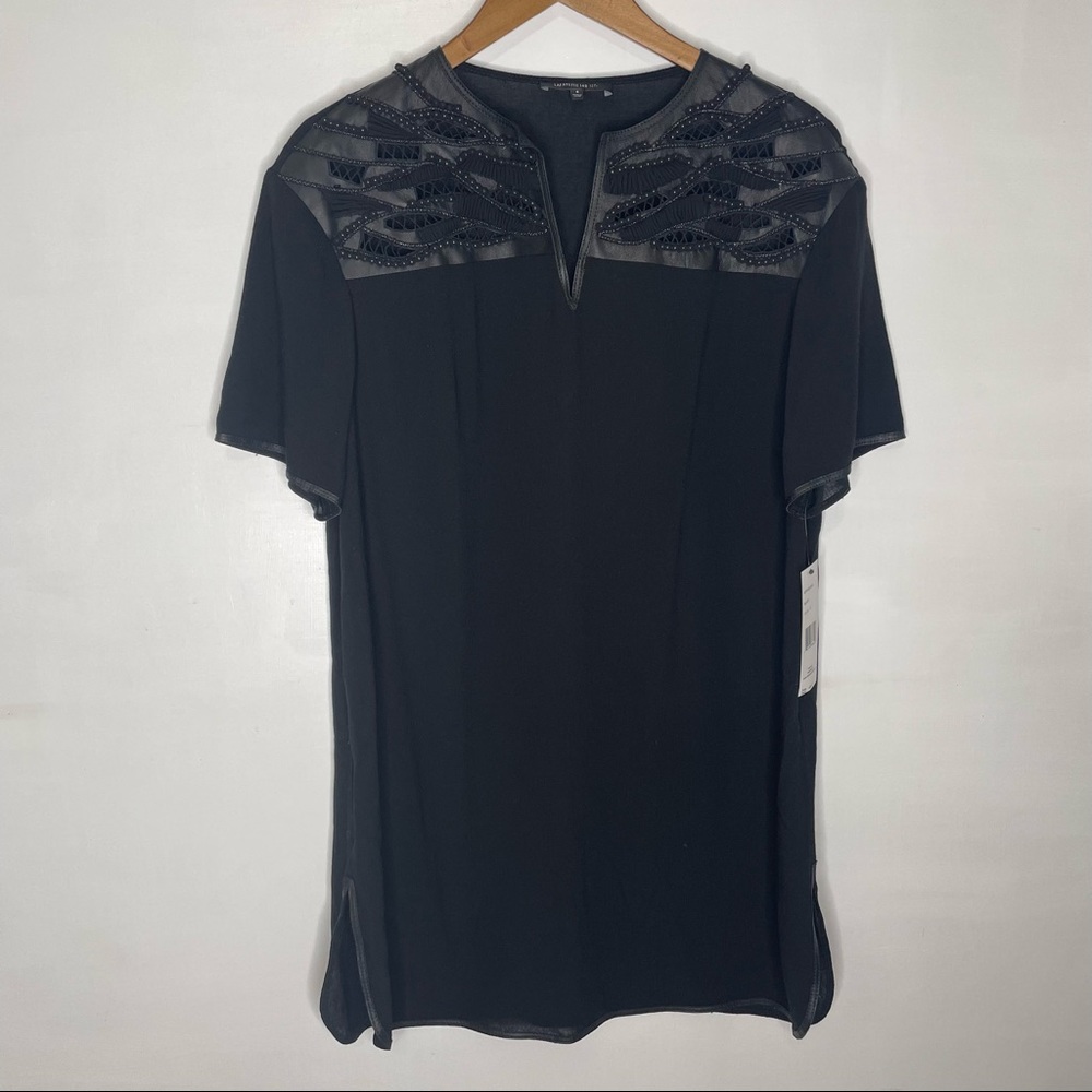 Lafayette 148 Black tunic with woven, beading and leather details